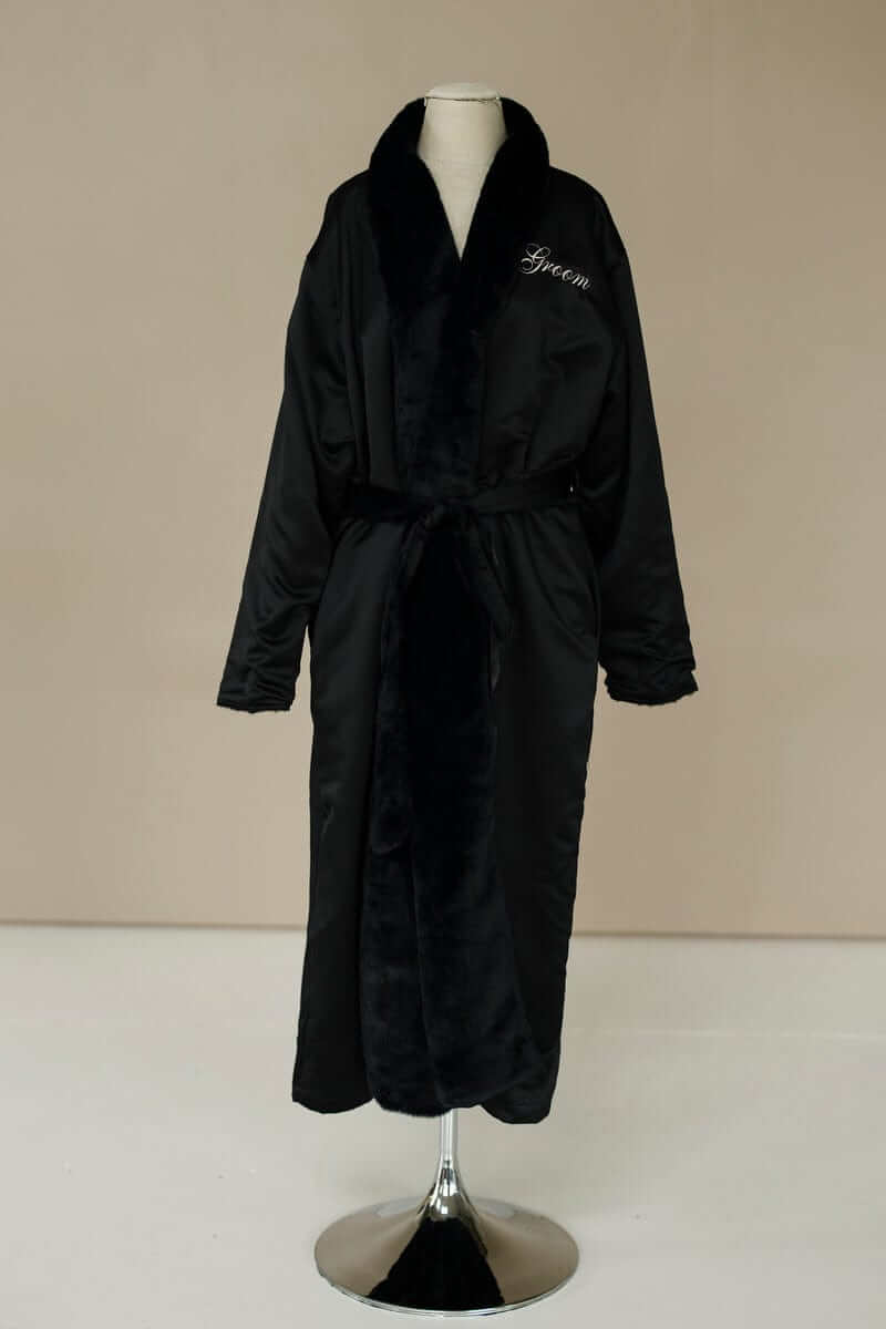 Satin Black Robe featuring plush lining and collar, perfect for luxury lounging and personalization options.
