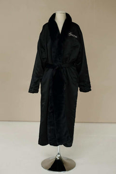 Satin Black Robe featuring plush lining and collar, perfect for luxury lounging and personalization options.