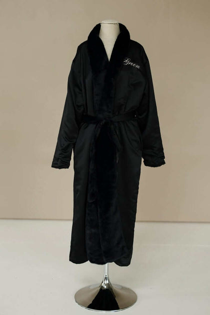 Satin Black Robe featuring plush lining and collar, perfect for luxury lounging and personalization options.