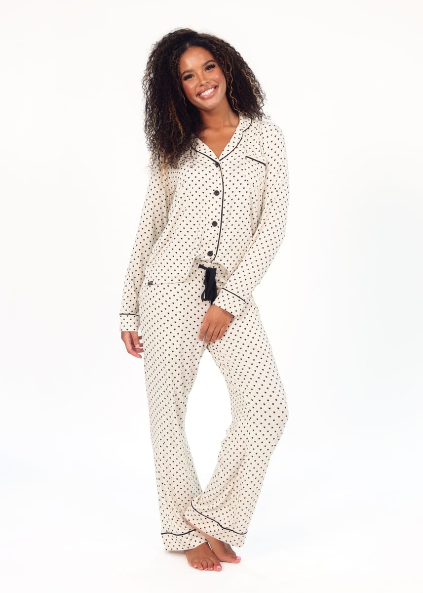 Women's Button Up Pant Set - Black and Beige Heart
