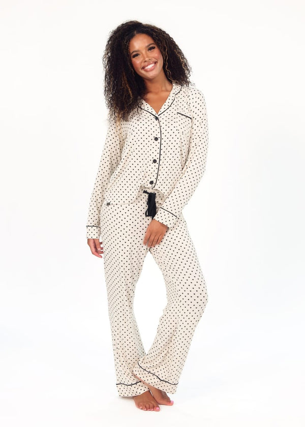 Women's Button Up Pant Set - Black and Beige Heart
