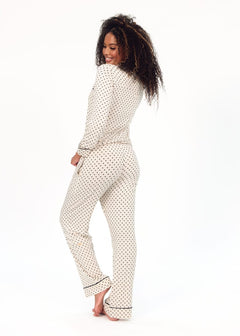 Women's Button Up Pant Set - Black and Beige Heart
