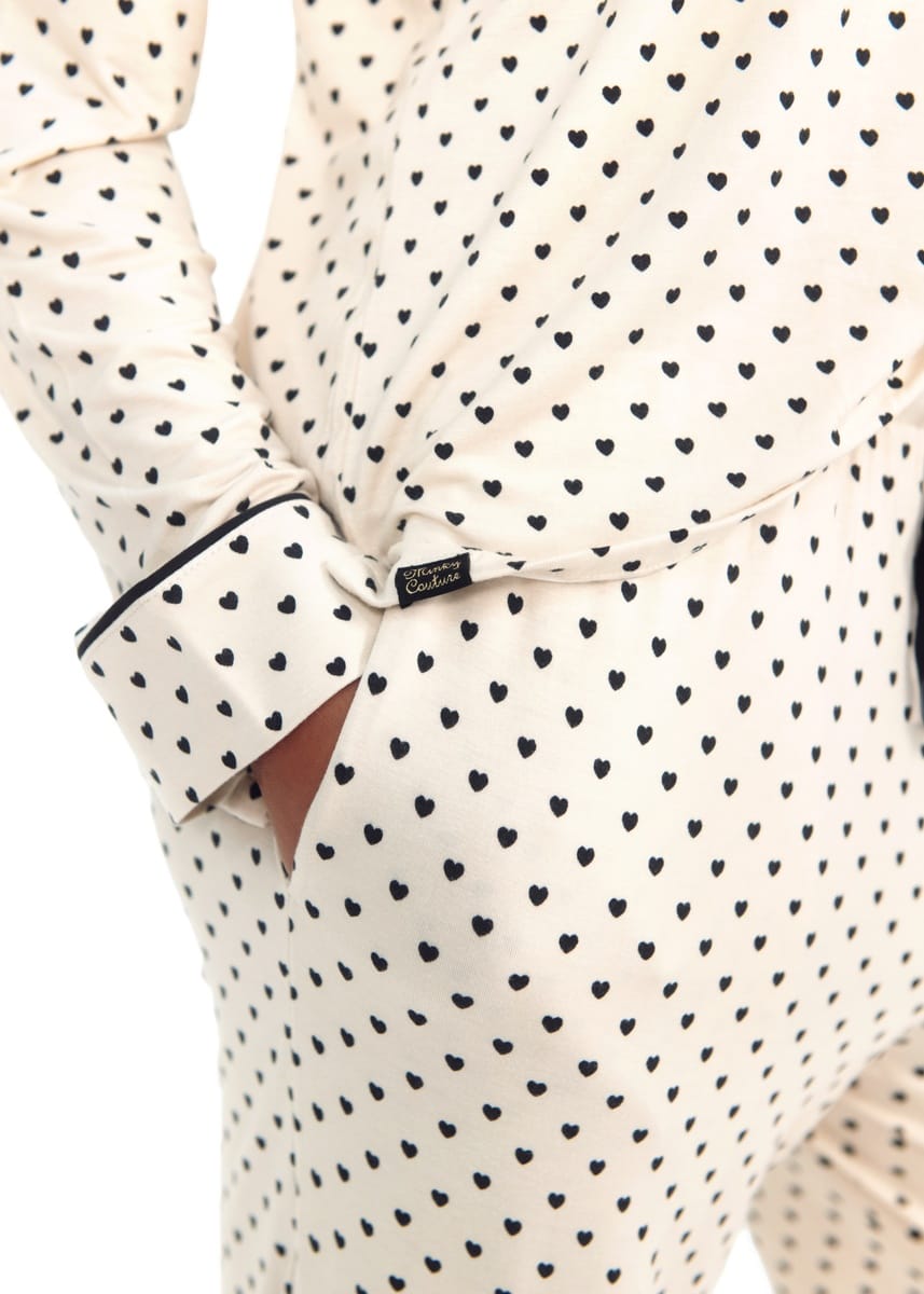 Women's Button Up Pant Set - Black and Beige Heart