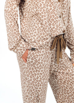 Women's Button Up Pant Set - Neutral Leopard