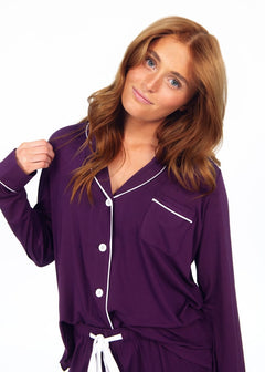 Women's Button Up Pant Set - Deep Purple