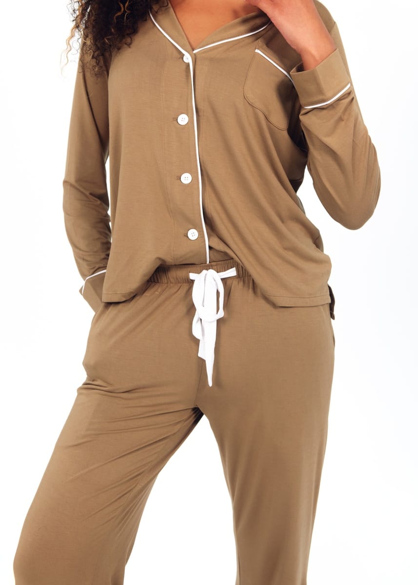 Women's Button Up Pant Set - Brown