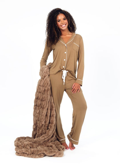 Women's Button Up Pant Set - Brown
