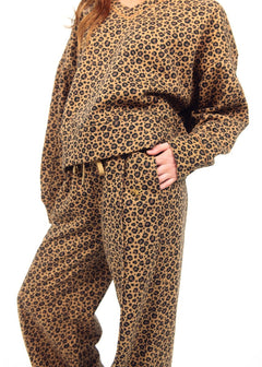 Women's Wide Leg Sweat Pant - Brown Leopard