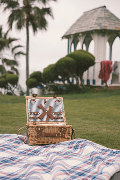 Wicker picnic basket on a plaid blanket with a gazebo and trees in the background