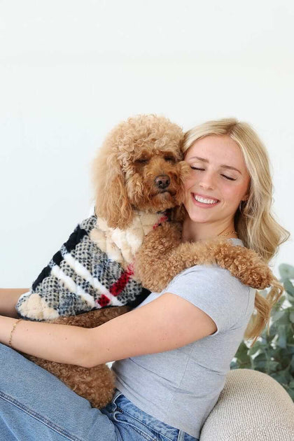 City Plaid/Cream Pet Vest on a dog being cuddled by a woman, showcasing comfort and style.
