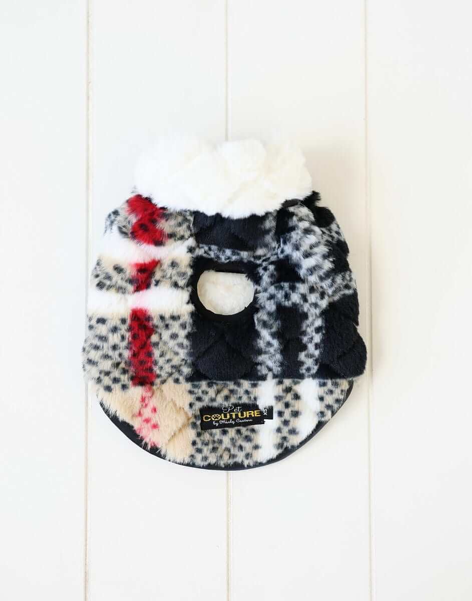 Pet Vest in City Plaid/Cream featuring a stylish plaid design with plush fabric for pet comfort and warmth.