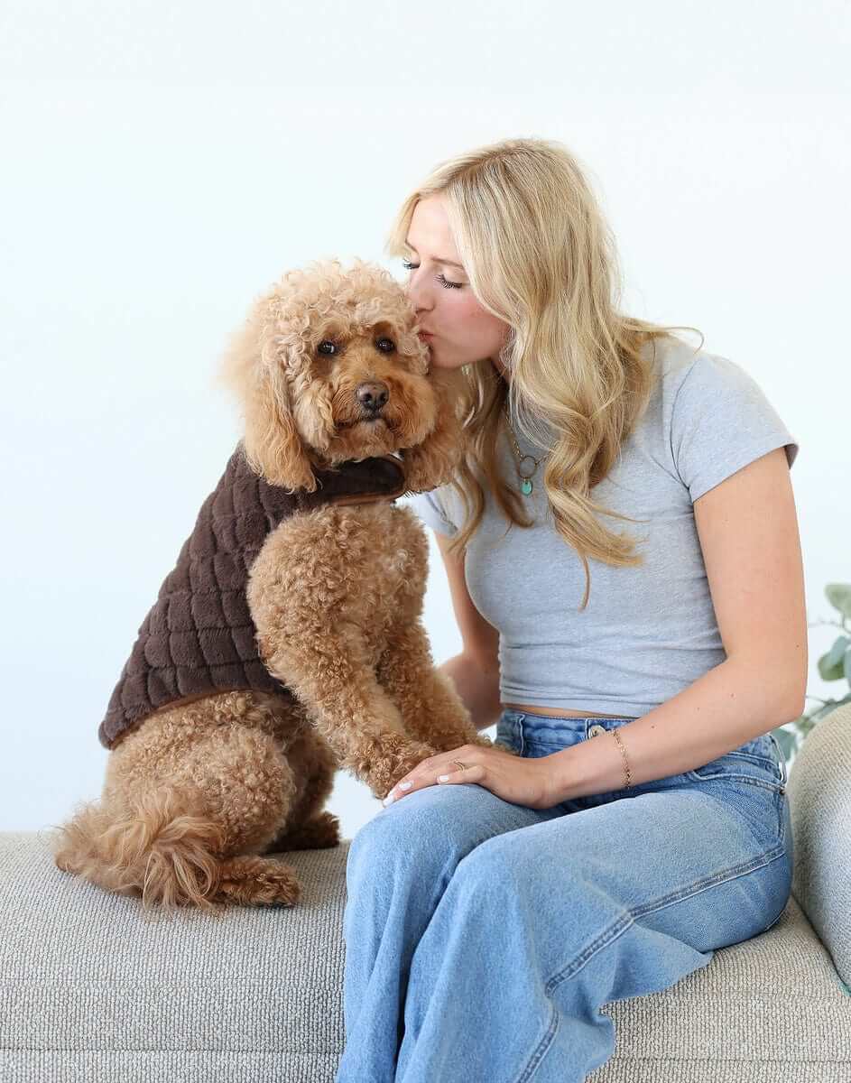 Pet Vest in Cream/Dark Brown, in use with a woman and her dog, showcasing style and comfort.