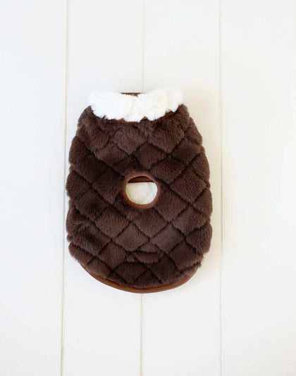Minky Couture Pet Vest in dark brown plush fabric with white faux fur trim, perfect for pet comfort and style.
