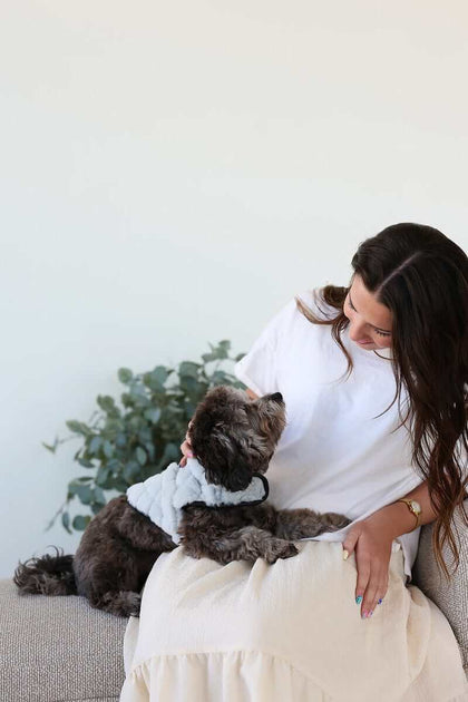 A woman sitting on a couch with a dog wearing a Pet Vest Dark/Light Gray, offering comfort and style.