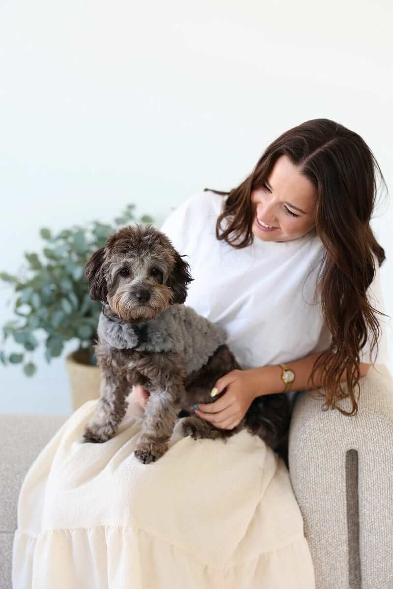 Minky Couture Pet Vest in Dark/Light Gray, on a dog sitting with a smiling owner in a cozy living space.