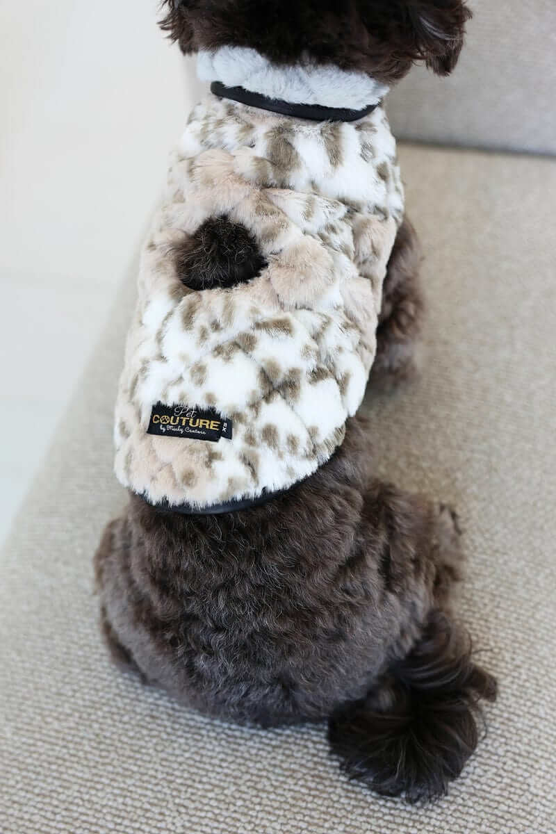 Sandra/Light Gray Pet Vest shown on a small dog, featuring leopard print, plush fabric, and Velcro closures.