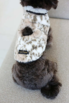 Sandra/Light Gray Pet Vest shown on a small dog, featuring leopard print, plush fabric, and Velcro closures.