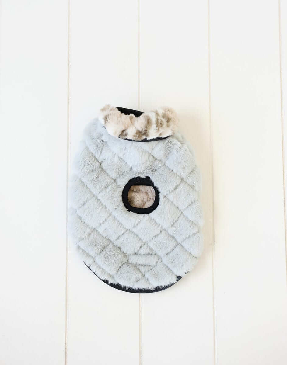 Sandra/Light Gray Pet Vest in soft light gray fabric with plush collar and oval opening for easy wear.