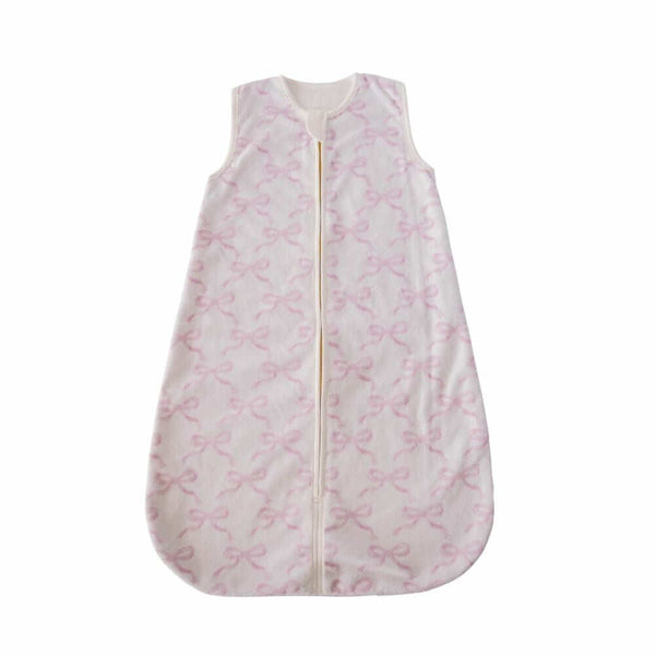 Pretty Pink Bows Wearable Minky Couture Blanket with pink bow pattern, designed for infants' safe sleep.