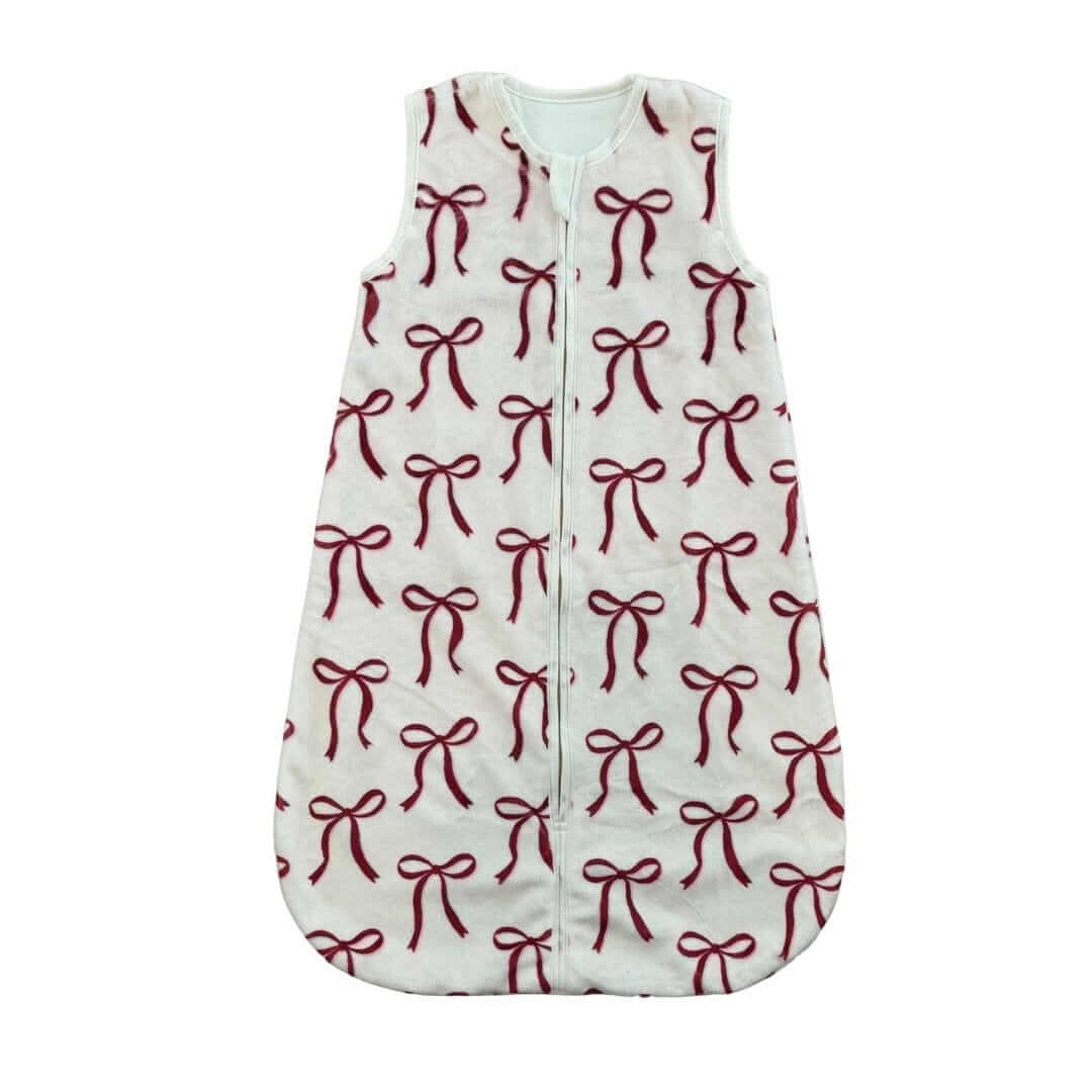Soft white baby Red Ribbon Bows Wearable Minky Blanket with red bow pattern and a front zipper.