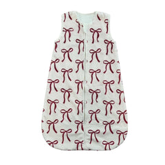 Soft white baby Red Ribbon Bows Wearable Minky Blanket with red bow pattern and a front zipper.