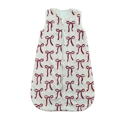 Soft white baby Red Ribbon Bows Wearable Minky Blanket with red bow pattern and a front zipper.