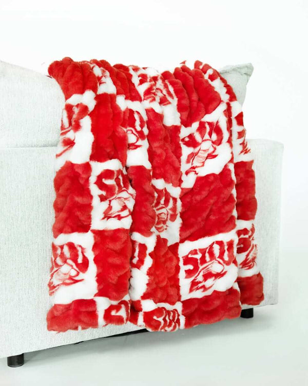 Red and white Southern Utah Thunderbirds blanket draped over light gray couch.