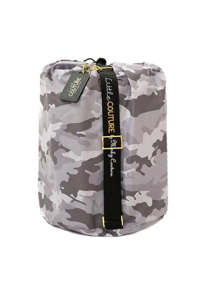 Camo Sleeping Bag rolled up with straps, featuring camouflage design and branding from Little Couture.