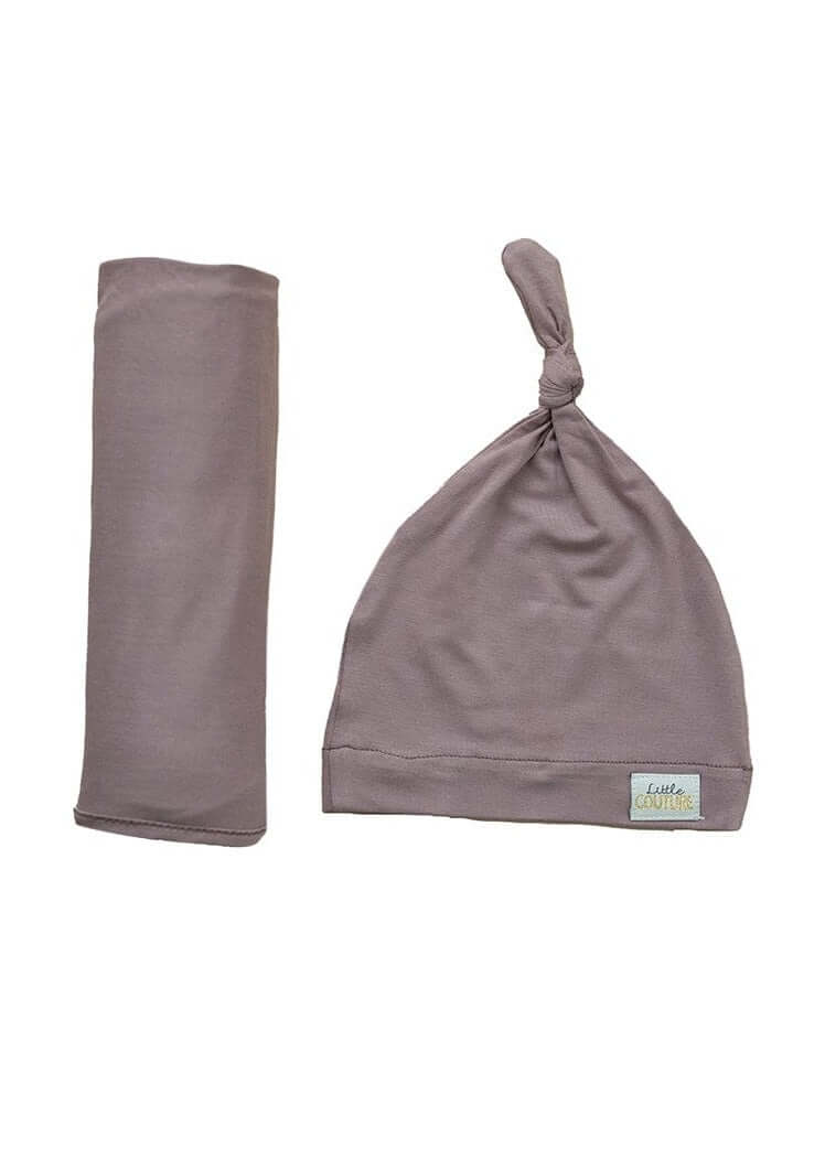Swaddle and Hat Blueberry Cheesecake combo featuring a soft bamboo swaddle and matching hat for cozy baby sleep.