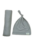 Swaddle and Hat Tranquil Dove combo featuring a soft bamboo swaddle and matching hat in calming gray.