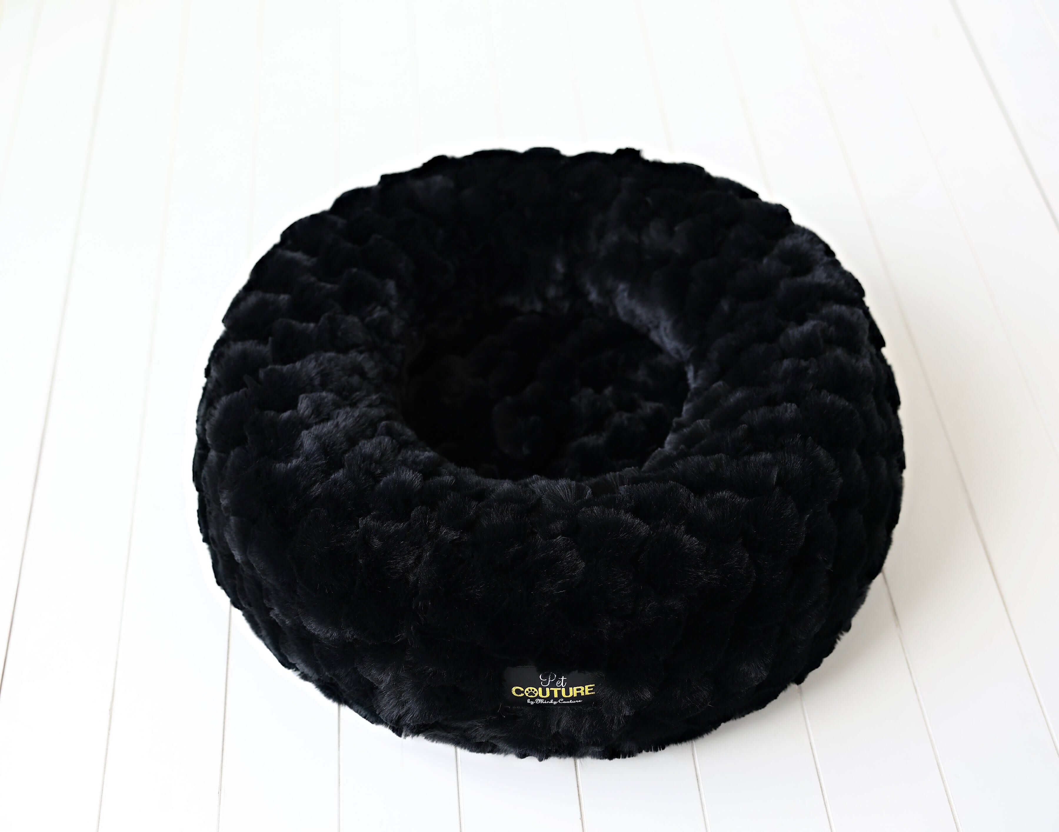 Minky Couture Black Crinkle Pet Bed cover on a white surface, showcasing its soft and cozy design.