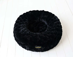 Minky Couture Black Crinkle Pet Bed cover on a white surface, showcasing its soft and cozy design.