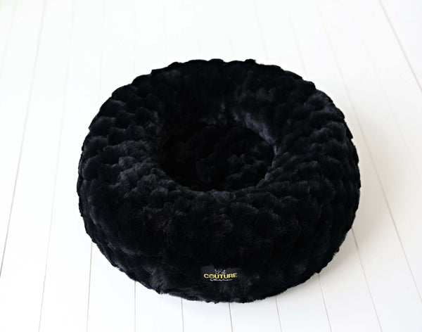 Minky Couture Black Crinkle Pet Bed cover on a white surface, showcasing its soft and cozy design.