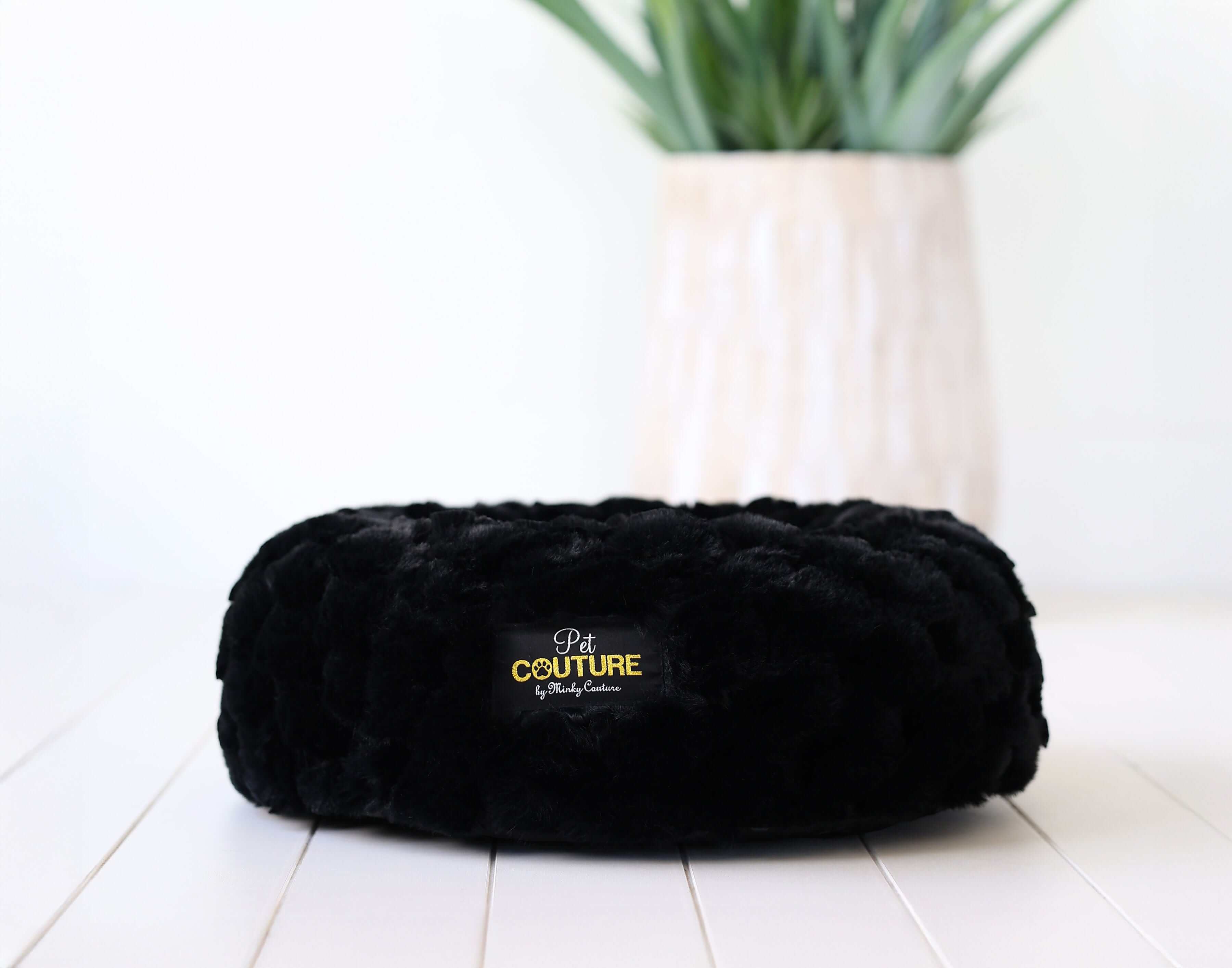 Black Crinkle Pet Bed in luxurious Minky Couture fabric, perfect for pet comfort and relaxation.