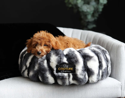 Cozy dog lounging in a Cloudy Day Black Pet Bed made with orthopedic memory foam and Minky Couture fabric.