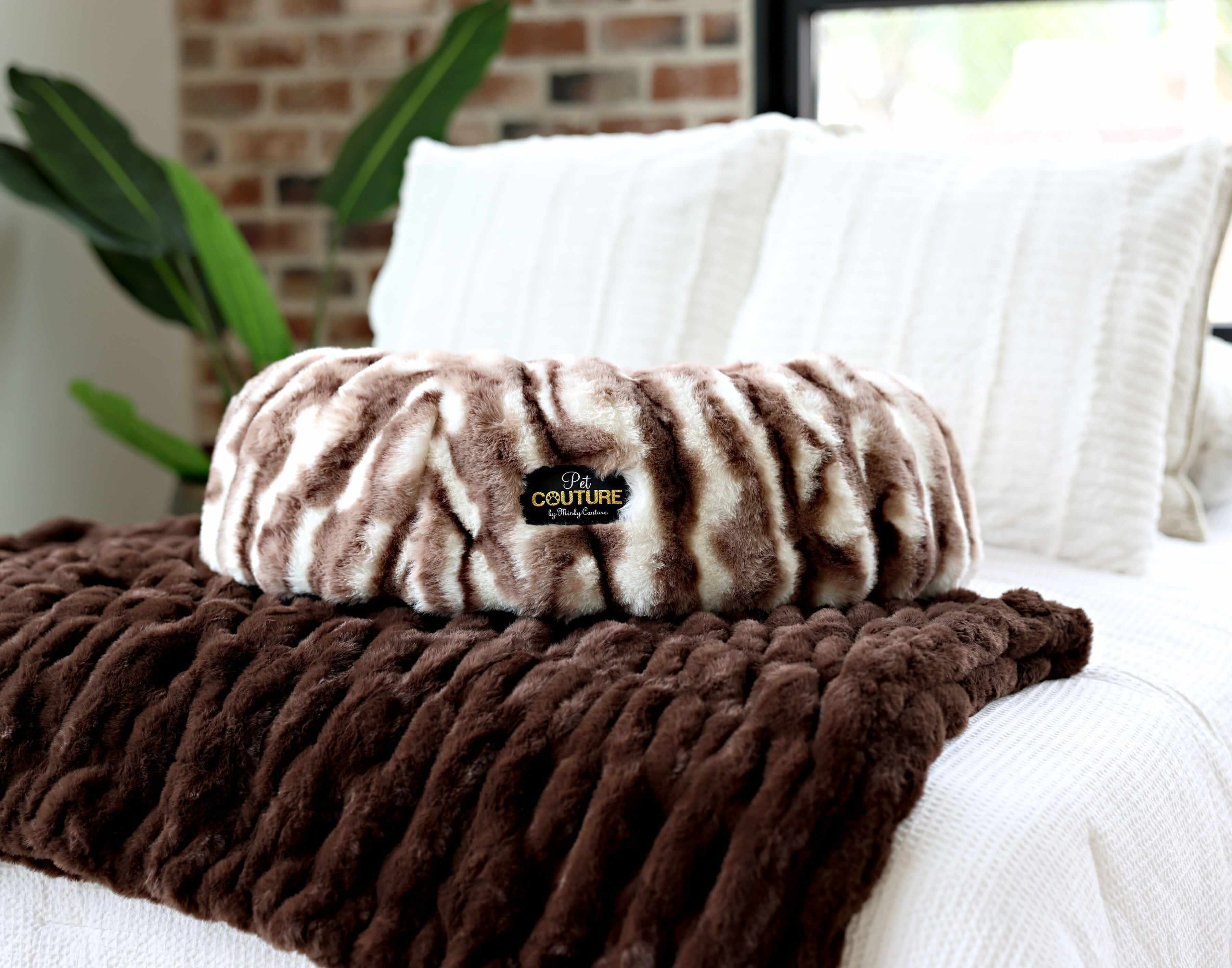 Cloudy Day Brown Pet Bed on a cozy blanket, featuring high-density orthopedic memory foam and Minky Couture fabric.
