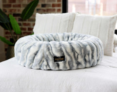 Cloudy Day Blue Pet Bed in cozy circular shape, ideal for snuggling and lounging with high-density orthopedic foam.