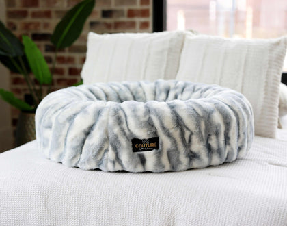 Cloudy Day Blue Pet Bed in cozy circular shape, ideal for snuggling and lounging with high-density orthopedic foam.