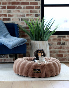 Milk Chocolate Pet Bed with cozy, round design, featuring a small dog relaxing inside.