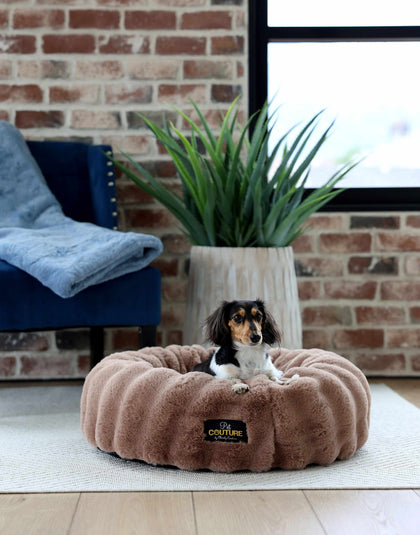 Milk Chocolate Pet Bed with cozy, round design, featuring a small dog relaxing inside.