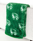 Green Utah Valley Wolverines blanket with repeating logo pattern draped over a bench.