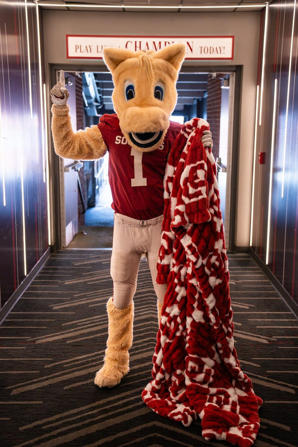 University of Oklahoma Sooners Blanket  held by the mascot in the stadium tunnel. 