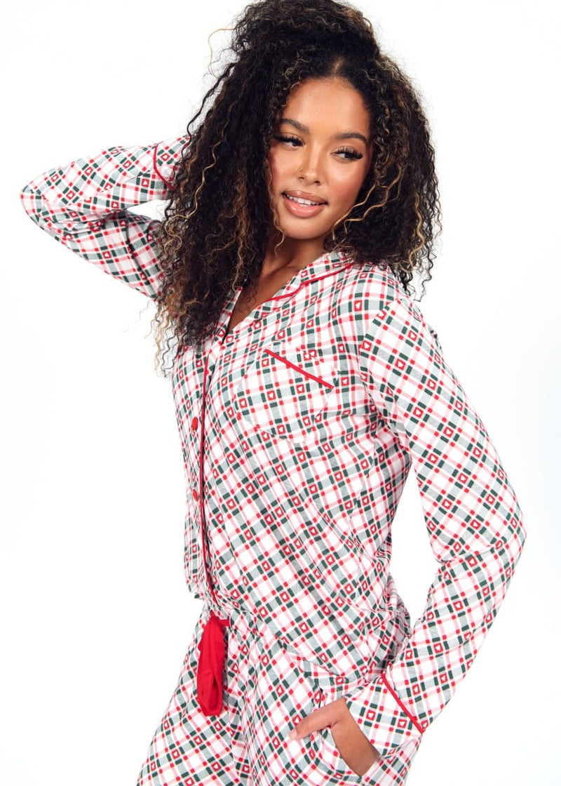 Women's Button Up Pant Set - Tree Plaid