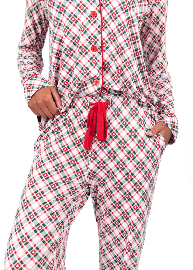 Women's Button Up Pant Set - Tree Plaid