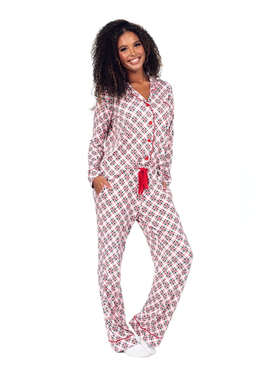 Women's Button Up Pant Set - Tree Plaid