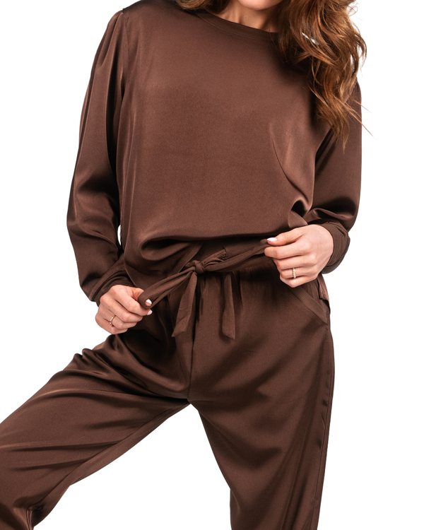Women's Satin Pullover Set - Coffee