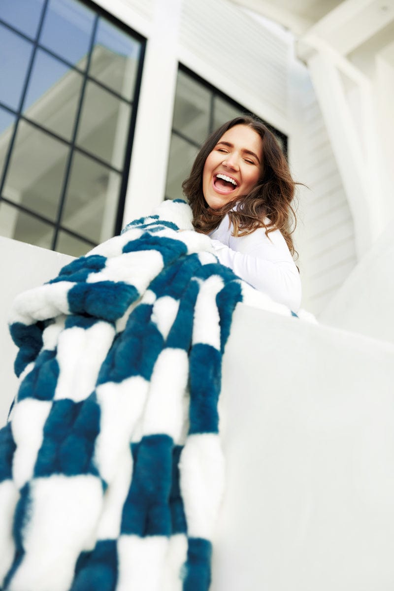 Hugs Check Brewer Blue Blanket | Minky Couture