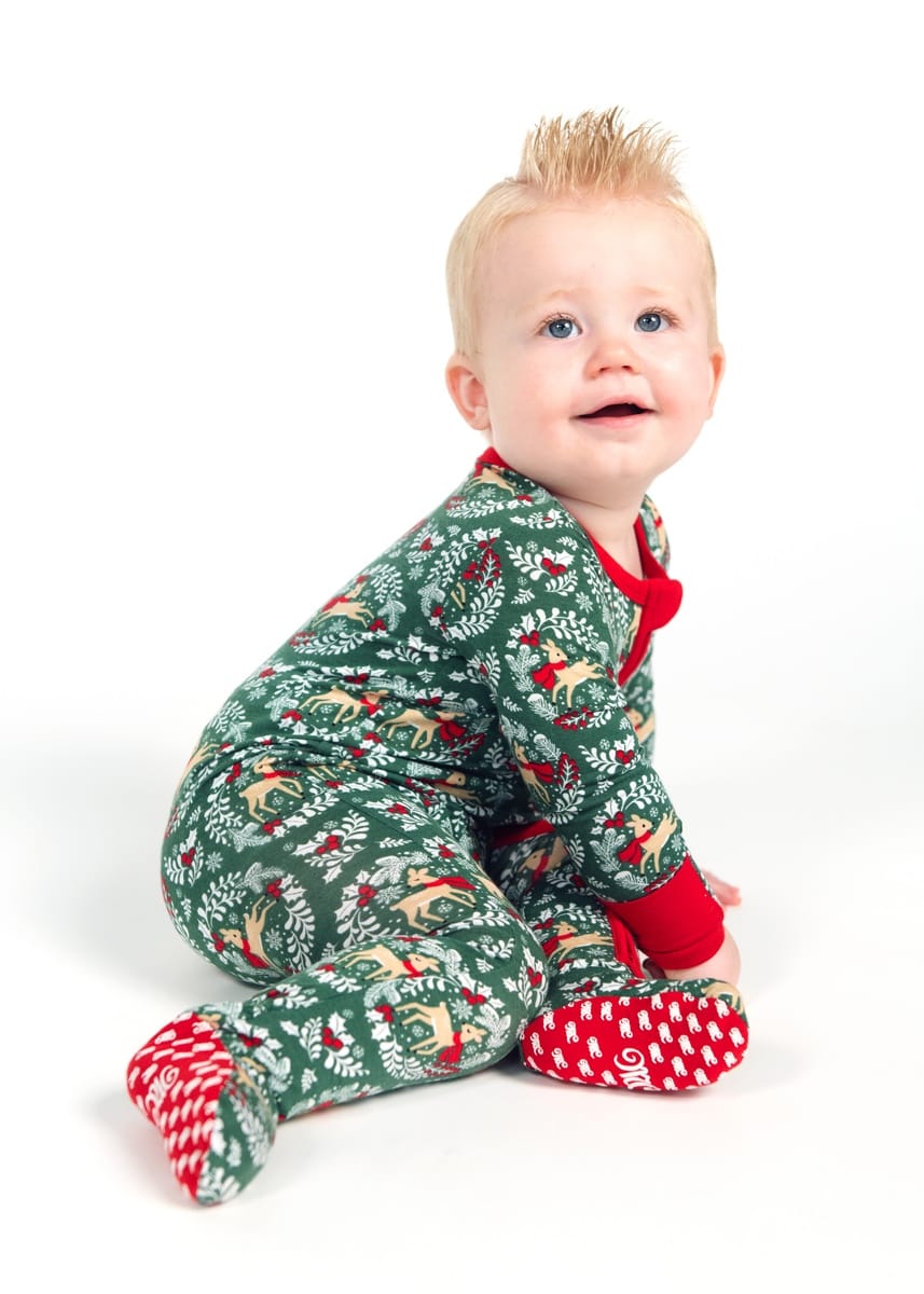 Snug-Fitting Infant Zippered Footie - Green Reindeer