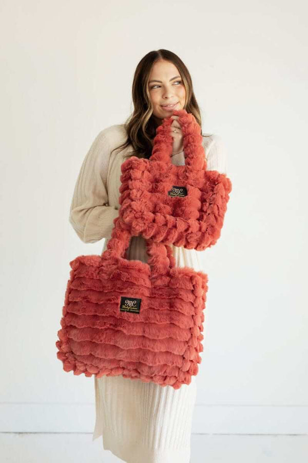Ripple Burnt Sienna Annie Bag showcased in small and large sizes, highlighting luxury faux fur design.