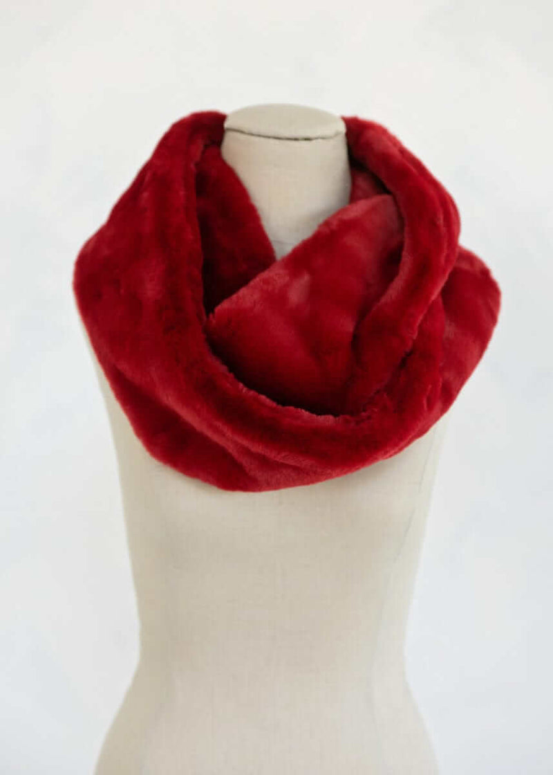 Lush Scarf in rich crimson color, soft minky texture, perfect for cozy winter styles.